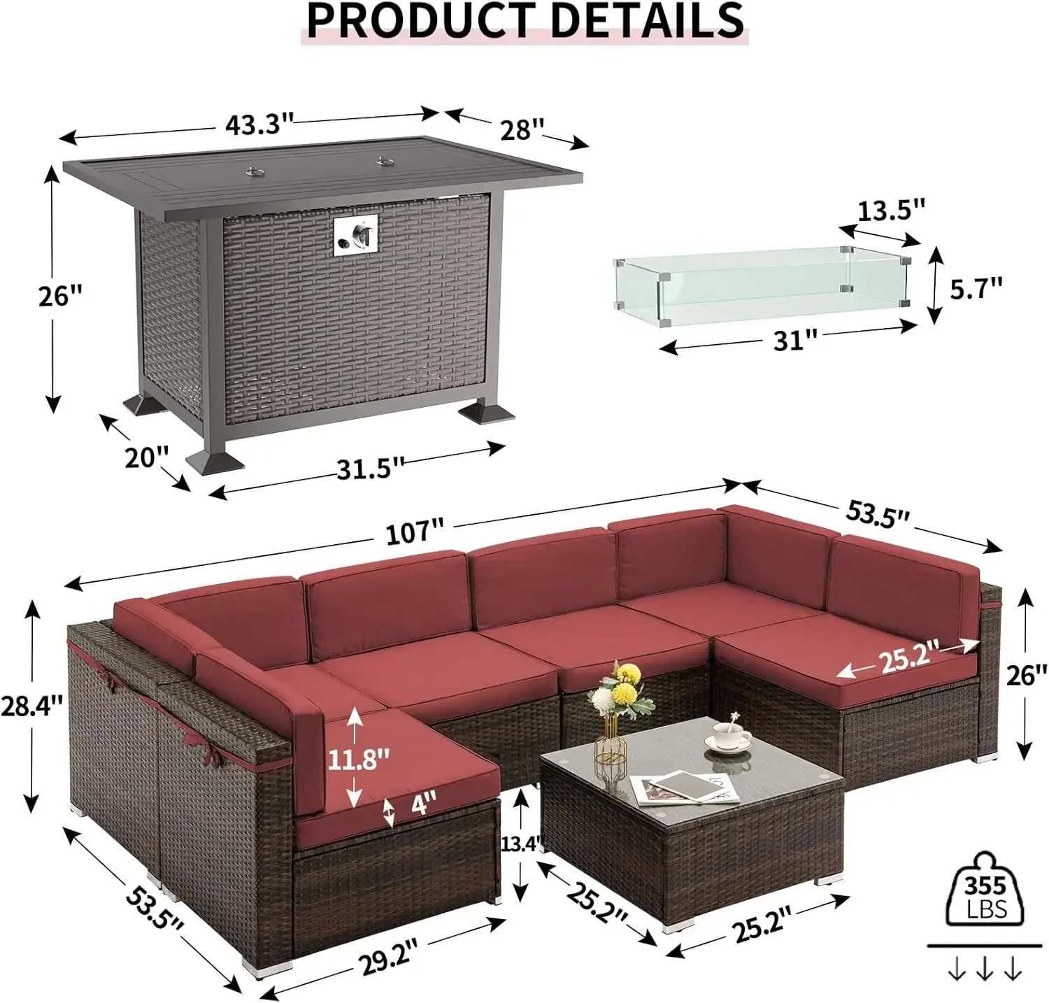 

Patio Furniture Sets with Fire Pit Table PE Rattan Outdoor Sectional w/Waterproof Covers for Patio Back Deck, Balcany Poolside