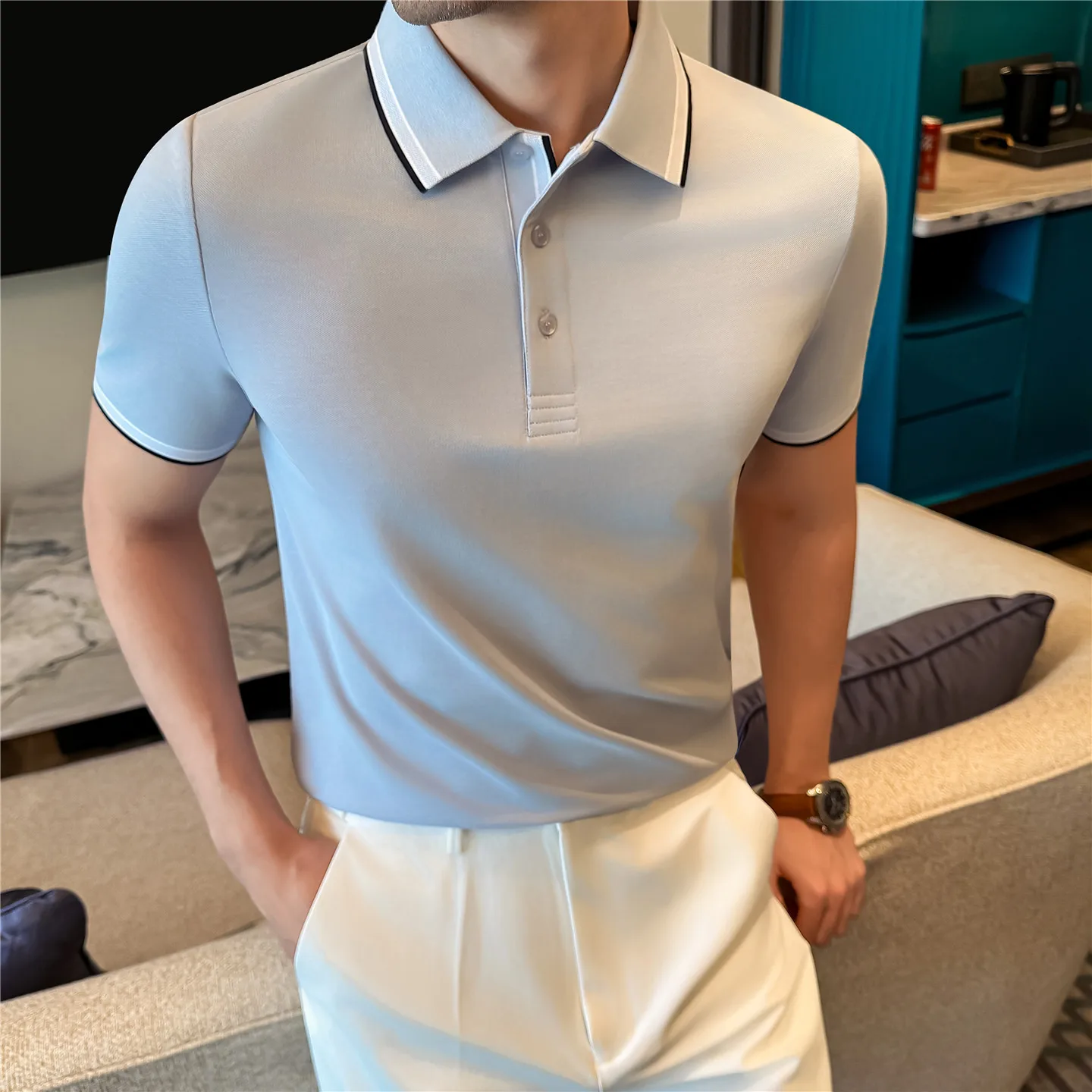 

Летняя мужская рубашка-поло с коротким рукавом, высококачественная деловая повседневная футболка с контрастным воротником, универсальная футболка-поло для любого случая