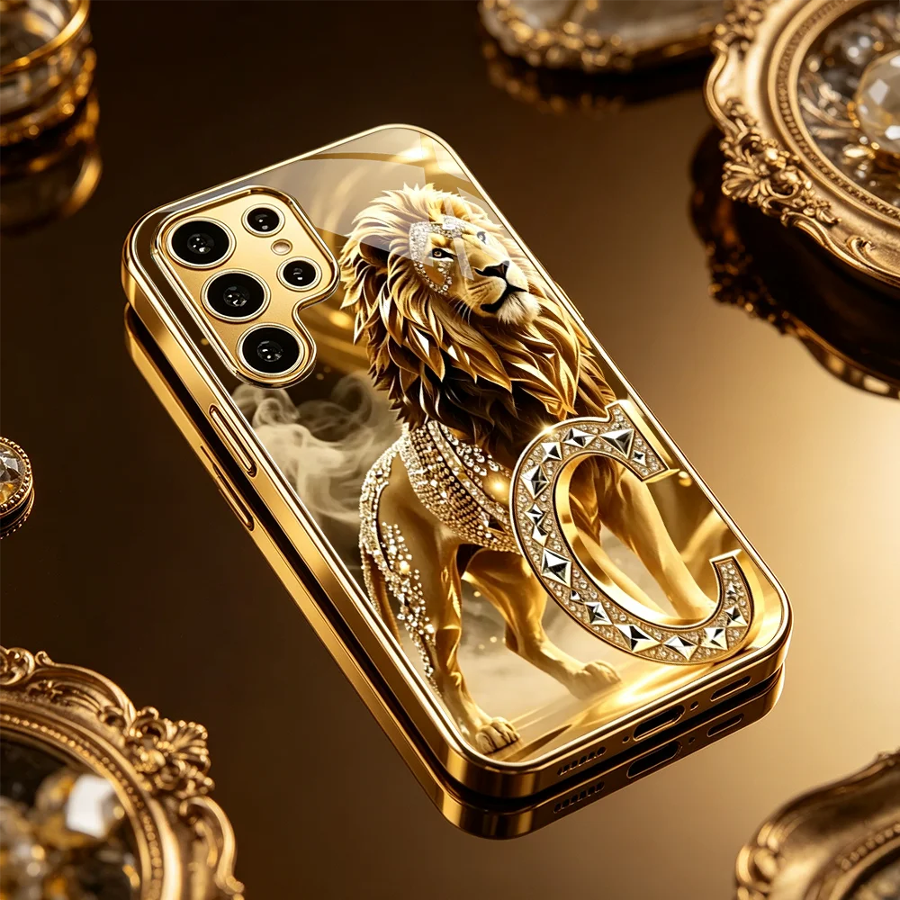 Golden Lion King Letter C Gold Tempered Glass TPU phone case for Samsung Galaxy S26/S25/S24/S23/S22/S21 FE Ultra Plus Shockproof