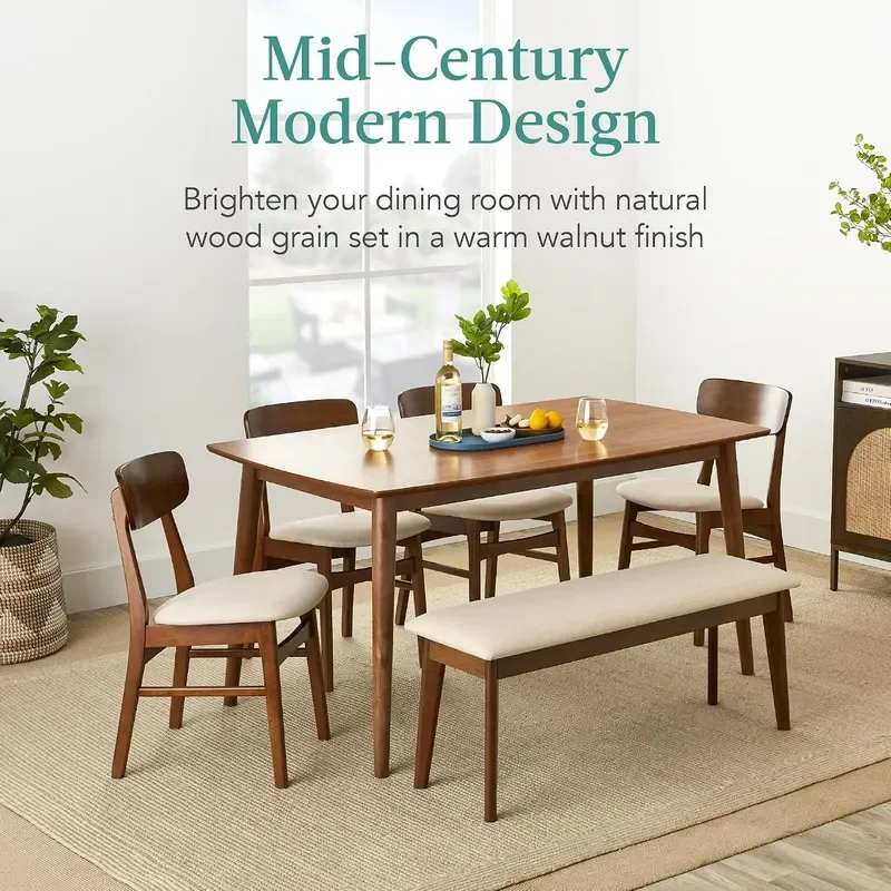 6-Piece Wooden Dining Set Mid-Century Modern Table Upholstered Chair Set w/Bench Seat Rubberwood Legs Walnut/Cream