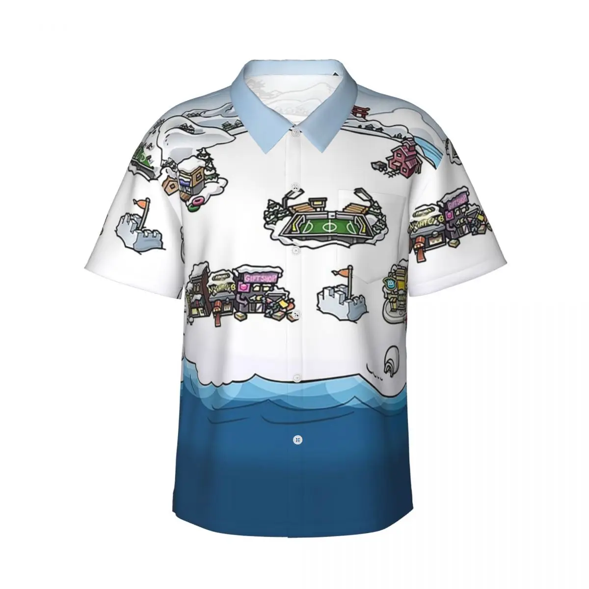 

Club Penguin Map Men's Shirts Hawaiian Short Sleeve Shirt Casual Lapel Tops for Summer Beach