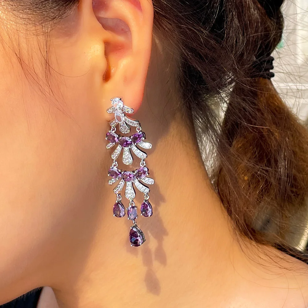 ThreeGraces Elegant Purple Cubic Zirconia Bridal Wedding Long Dangle Drop Earrings for Women New Fashion Party Jewelry E1274