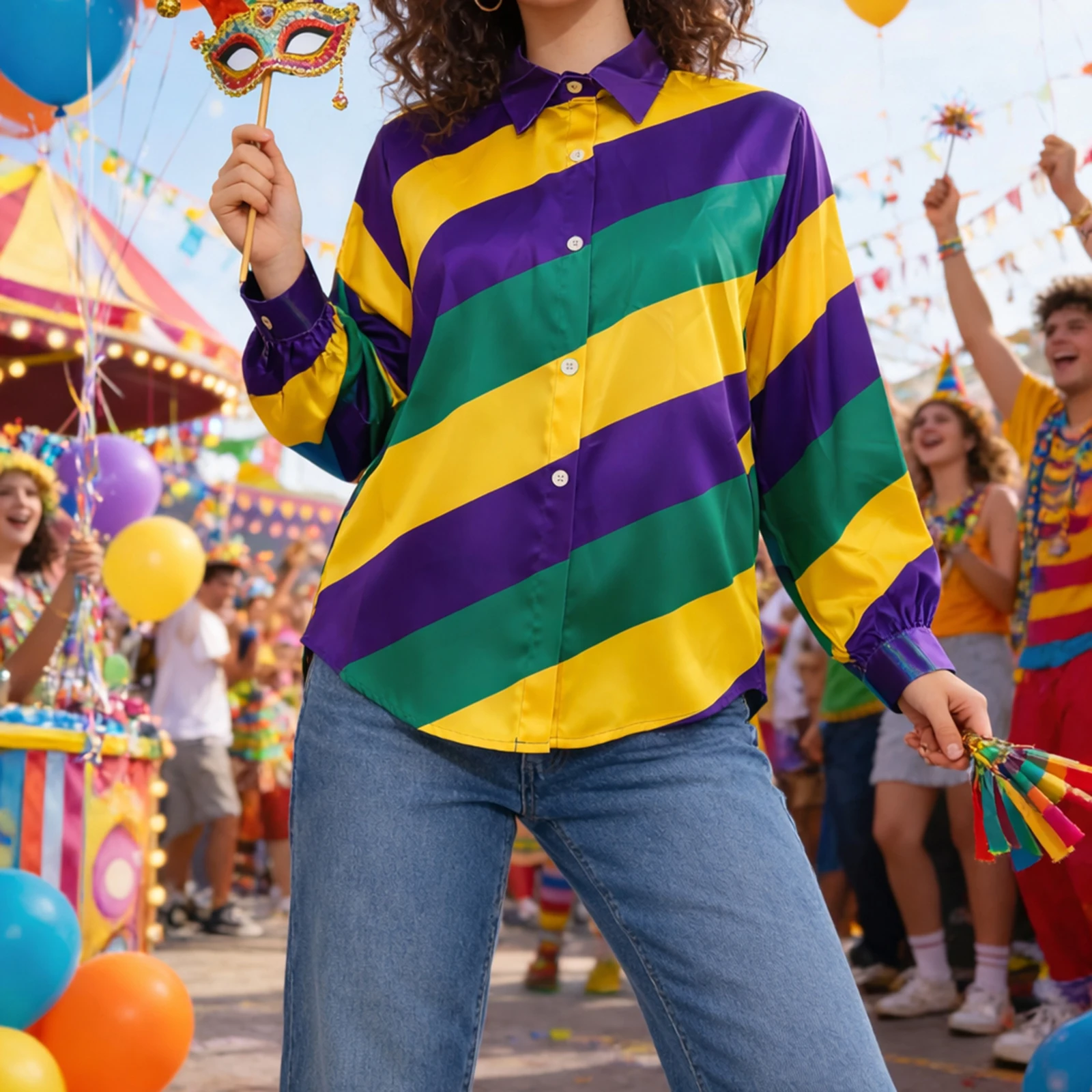 

Женская блузка в стиле пэчворк с полосками для Марди Гра, модная атласная рубашка с длинным рукавом, свободного кроя, с отложным воротником и пуговицами