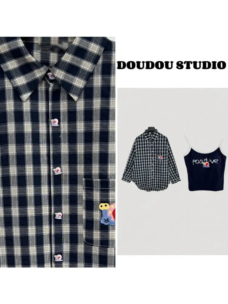 

Korean Sle Plaid Women's Sun Protection irt And Vest Set Casual Spring Faion High Waist Trousers Pear ape Fit