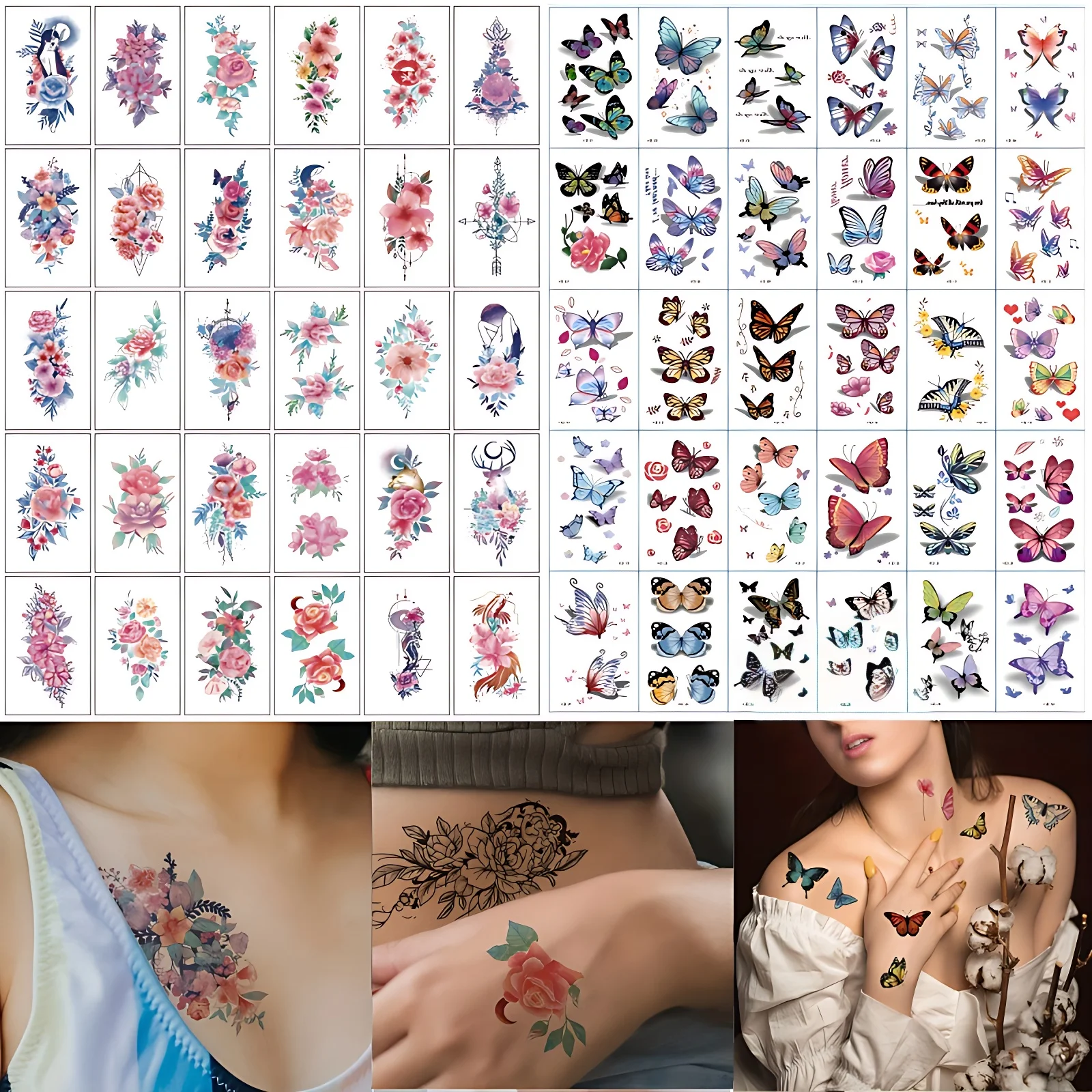 60pcs/set Transfer Fake Tattoos for Girls Aesthetic Flower Color 3D Butterfly Temporary Tattoos Adhesive tatouage temporaire