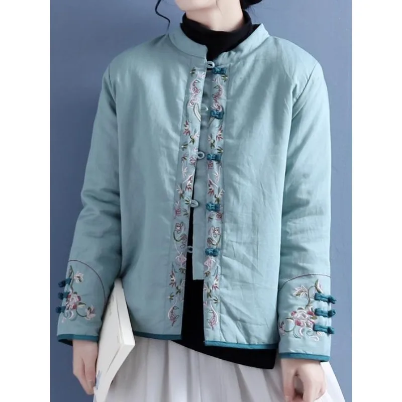 Women Vintage Cotton Embroidery Cotton Jacket Thick Coat Harajuku Plate Buckle Standing Collar Lapel Cotton Coat Single Breasted