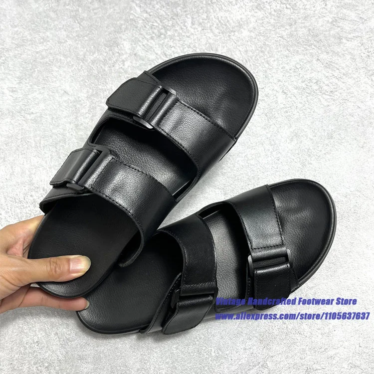 Men's Black Leather Slide Sandals Two Adjustable Buckle Straps Open Toe Thick Flat Sole Non-Slip Business Casual Summer Slippers