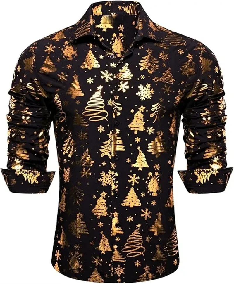 Men's Christmas Long Sleeved Shirt with Red Gold Snowflake Print Collar Button Down Shirt, Casual Christmas Party Shirt Top