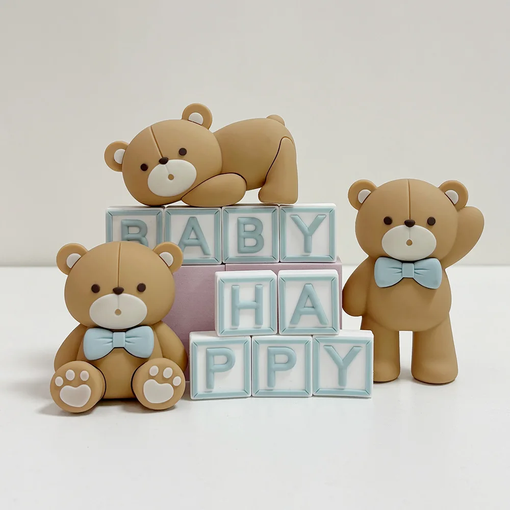 Baby Bear Cake Topper Cakecup Toppers Mini Bear Cake Decor for Birthday Baby Shower Baby Boy Party Decoration Blue Brown Pink