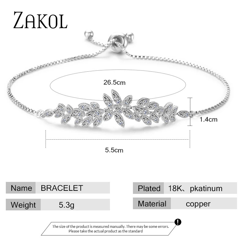 ZAKOL Fashion Cubic Zirconia Adjustable Bracelets for Women Exquisite Leaf Wedding Jewelry Gifts BP2096