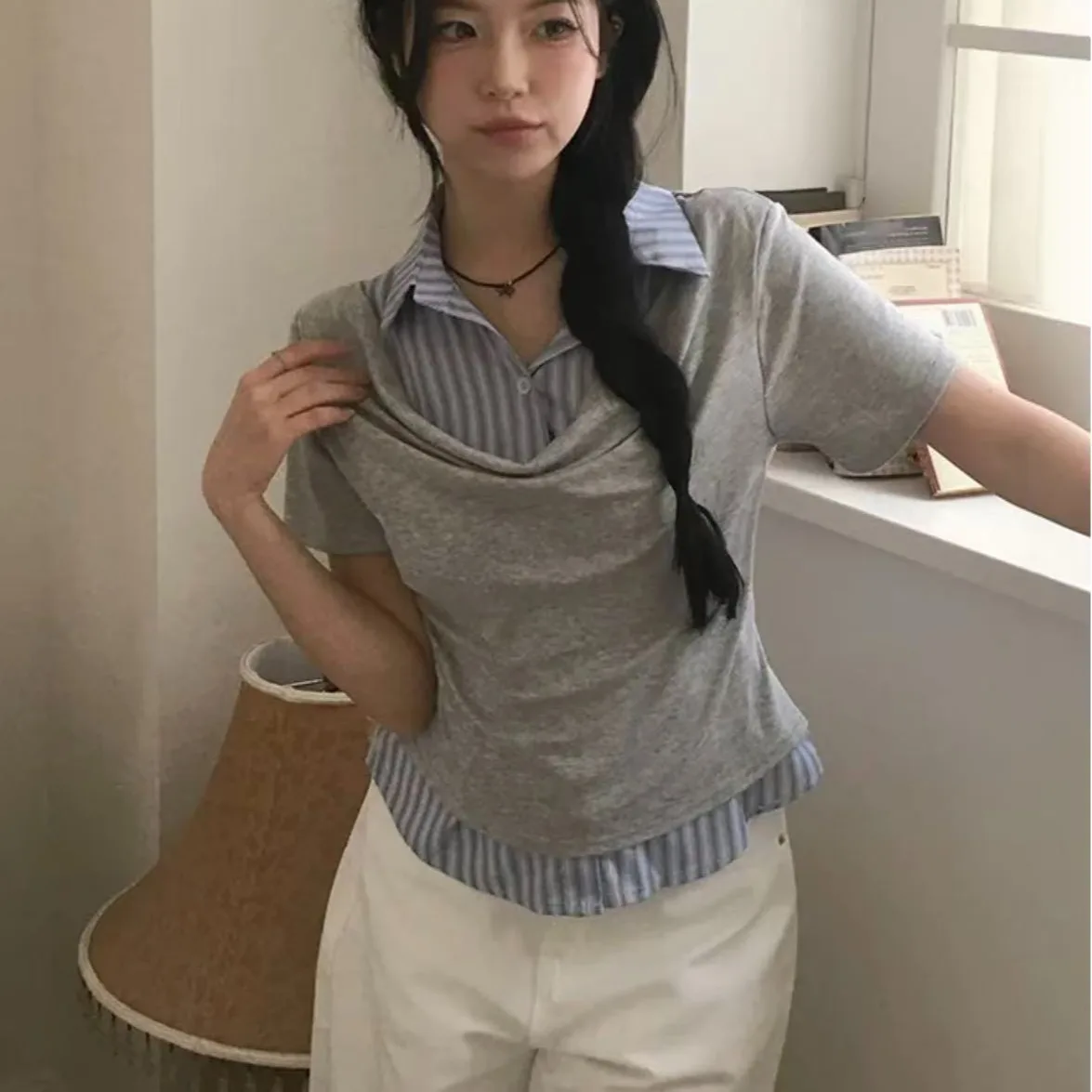 Korean Style Slim Fit Short Sleeve T-Shirt Fake Two-Piece Shirt Collar Patchwork Casual Summer Women's Top from China