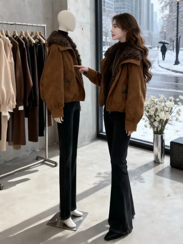 

Unique Faionable Thiened Fce Women's Cotton Jaet Loose Fit Korean Sle Commute Long Sve Zipper Pure Color Coat