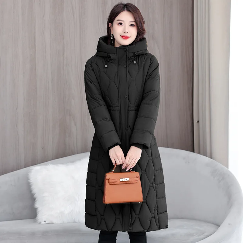 Hooded Oversize Parkas Coats Women Mid Length Jackets Diamond Quilt Zipper Pocket Waist Cinched Office Lady Casual 2025 Winter
