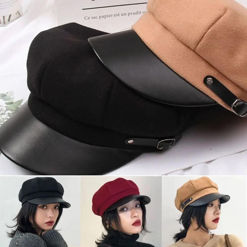 Vintage Octagonal Newsboy Caps Leather Brim Woolen Cloth Painter Tour Cap Retro British Baker Peaked Beret Spring Autumn Winter