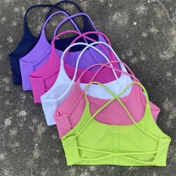 Solid Color Soft Women Fitness Sport yoga Bra Top Gym Yoga Back cross Athletic Four shoulder straps Tight Workout With Chest Pad