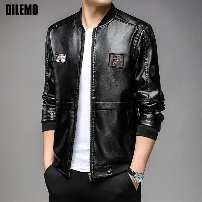 

Top Grade New Brand Fall Winter Designer Casual Biker Fashion Plain Faux PU Men Leather Jacket Motorcycle Coats Men Clothing