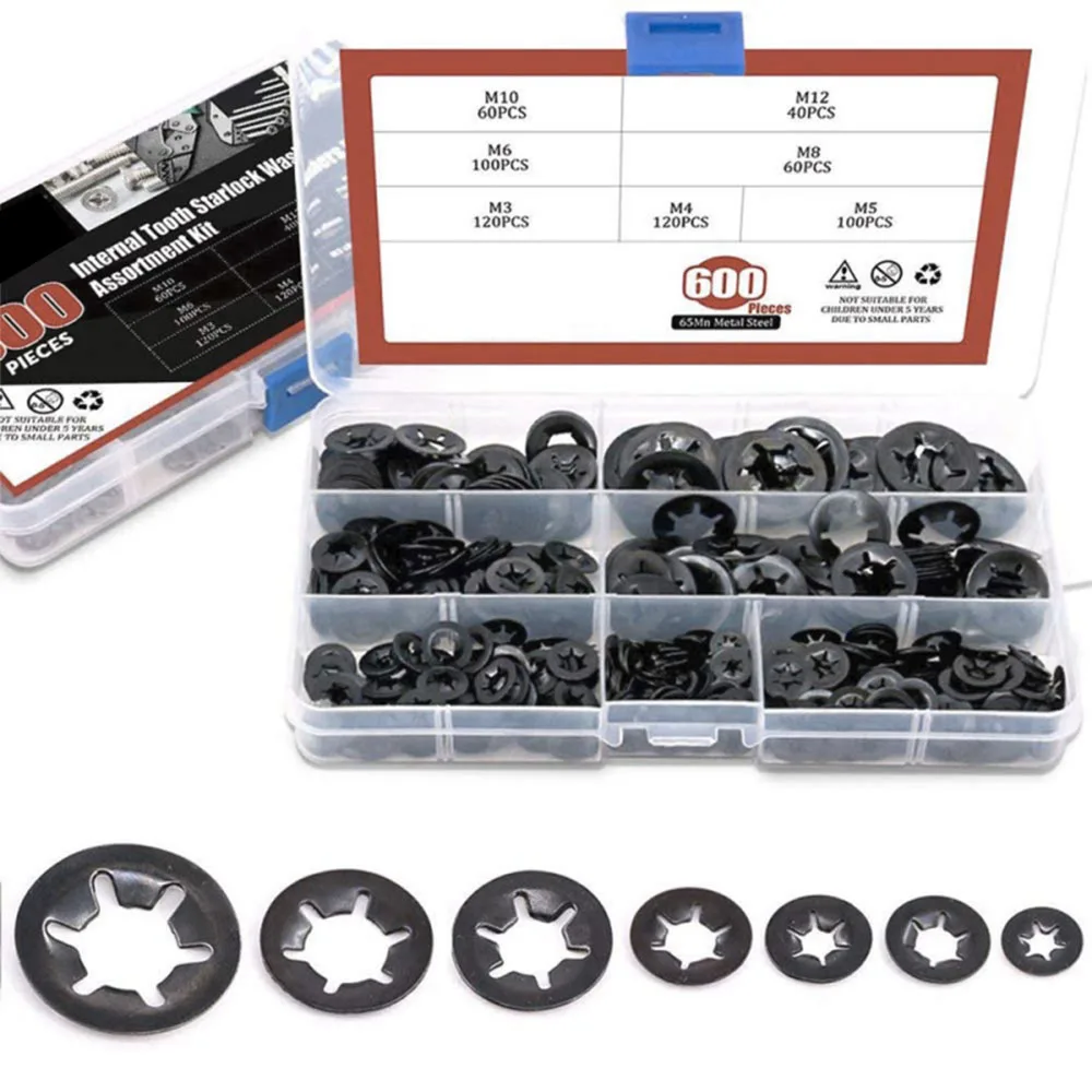600pcs 7 Sizes Internal Tooth  Washers,Quick Speed Locking Washers,Push Nuts,Speed Clips Retaining Clips Assortment Kit