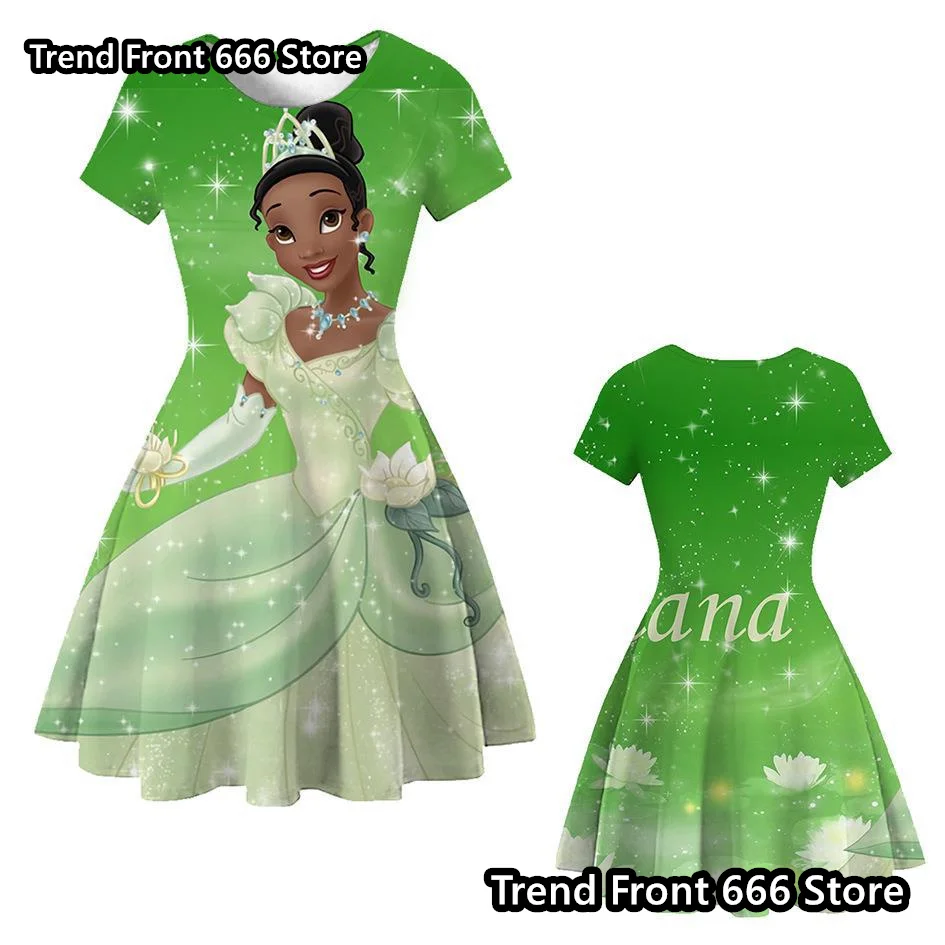 24/25 New Princess Tiana Cartoon Girls Dress Disney Princess Children\'s One-piece Knee Length A-line Short Sleeve Skirt