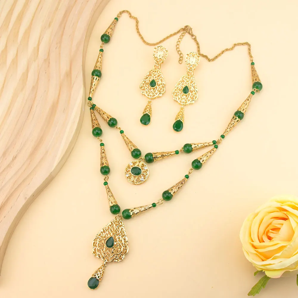 Sunspicems Chic Moroccan Beads Necklace Double Layered Chain Arabic Bridal Jewelry Necklace Earring Sets Banquet Daily Bijoux