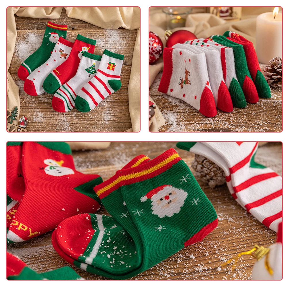 

5 Pairs Girls Christmas Stocking Children's Socks Toddler Holiday Winter Comfy for Kids