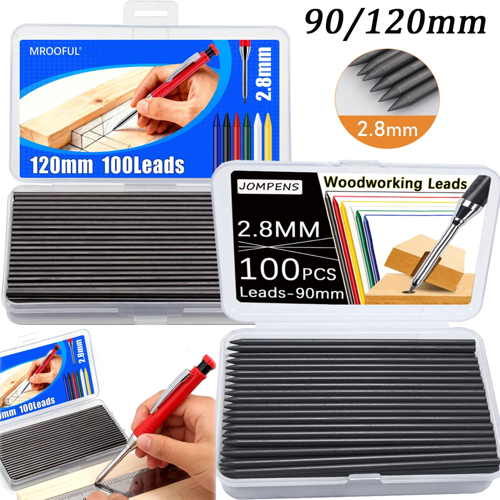 100 Piezas de Recambios de Mina para Lápiz Mecánico de Carpintería, 90/120 mm, Color Negro, Mina Reemplazable de 2.8 mm - Accesorios de Herramientas de Marcado para Arquitectos