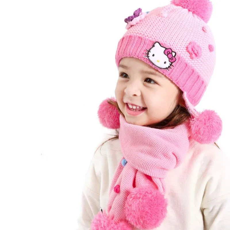 

Winter Kawaii Hello Kitty Sanrio Students Cute Cartoon Outdoor Warm Hat Comfortable Fleece Scarf Children Hats Gift for Kids