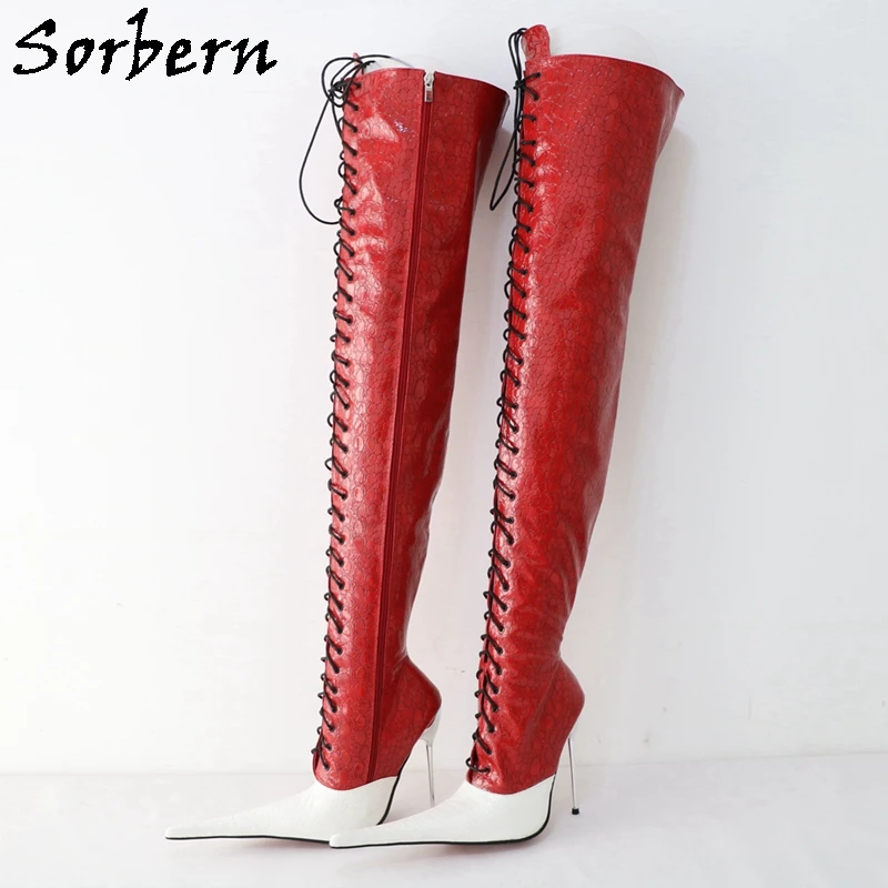 Sorbern Custom Mid Thigh Women Boots 14Cm High Heel Stone Streched Slim Long Boots For Crossdressers Lace Up More Color