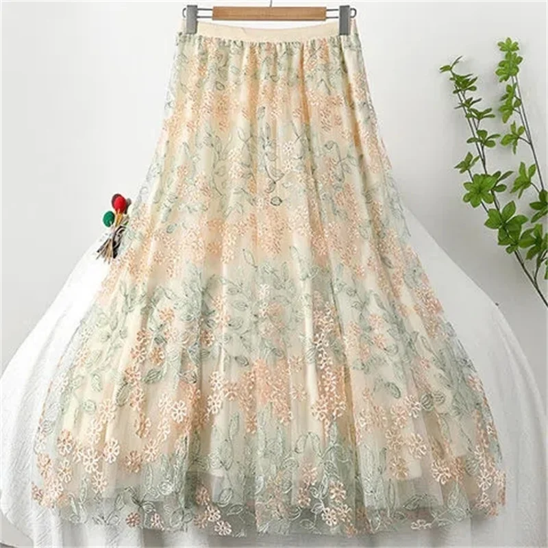 

Fang/Heavy Lndustry Embroidered Mesh Skirt Skirt Women's Autumn New High-waisted Pleated Skirt With Long Big A-line Skirt Female