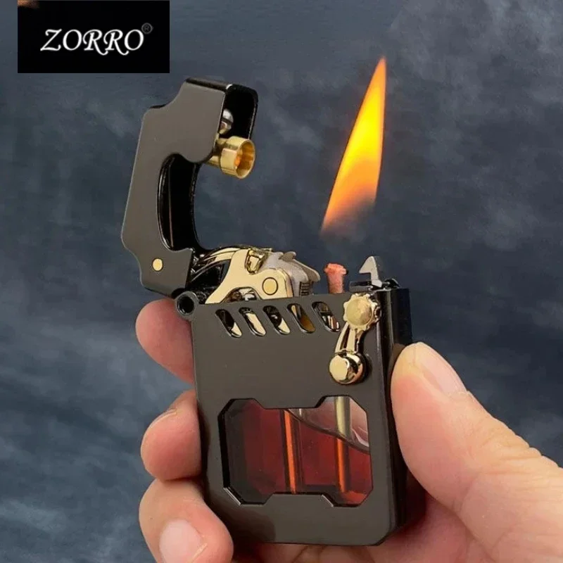 

Zorro Kerosene Classic Lighter Metal Windproof One Click Ejection Rocker Arm Transparent Air Window Mecha Cool Lighter Gift