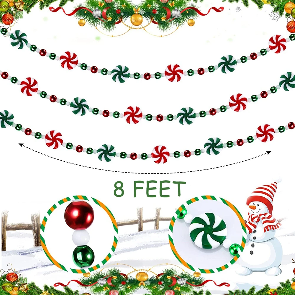 2.4M Christmas Candy Garland Peppermint Red Green Beaded String Hanging Christmas Tree for Fireplace Wreath DIY Party Home Decor