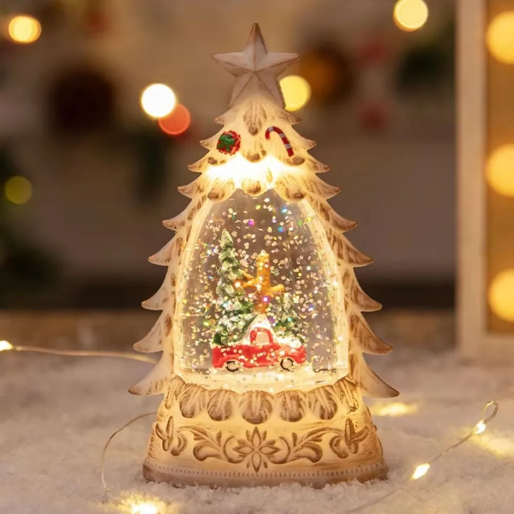 Christmas Tree Shape Christmas Snow Globe Lighted Floating Snowflakes Lighted Water Lantern Desktop Ornament Handicrafts