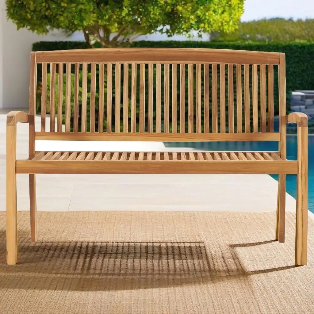 Stylish Stacking Patio Bench with Cushion - Durable 50.6 Solid Teak Wood Outdoor Seating