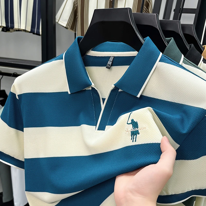 Polo Bordado de Alta Gama para Hombre, Camiseta de Manga Corta a Rayas para Hombre, Nueva Colección Verano 2026, Top de Algodón Puro con Cuello Solapa y Manga Media