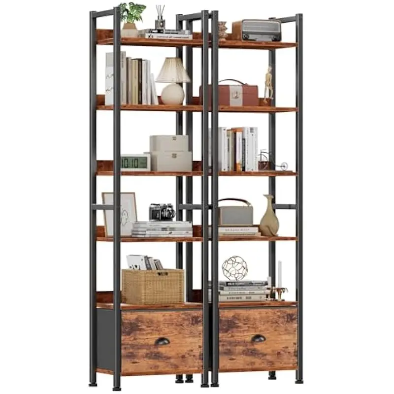 6-Shelf Floor-Standing Etagere Pair for Living Room Bedroom Kitchen Office Bathroom | Rectangular Rustic Wood-Finish Storage Uni