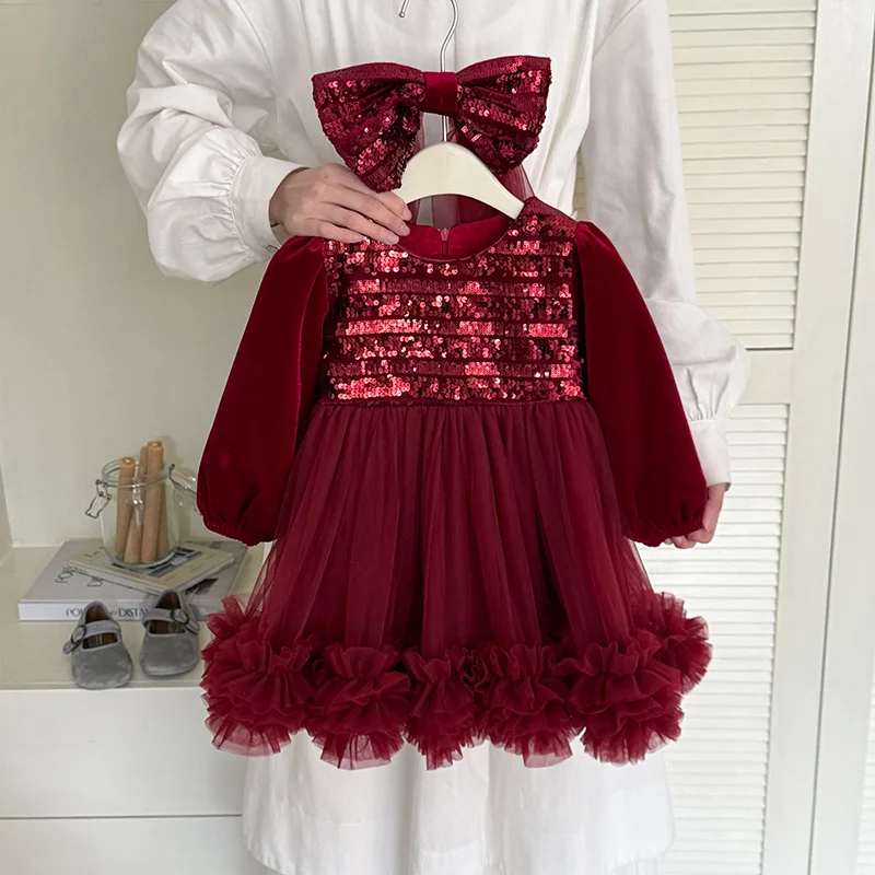 

Red Sequined Princess Dress For Girls Mesh Puffy Kids Dresses Bow Veil Children Clothes For Christmas-Themed Party Concert Gift