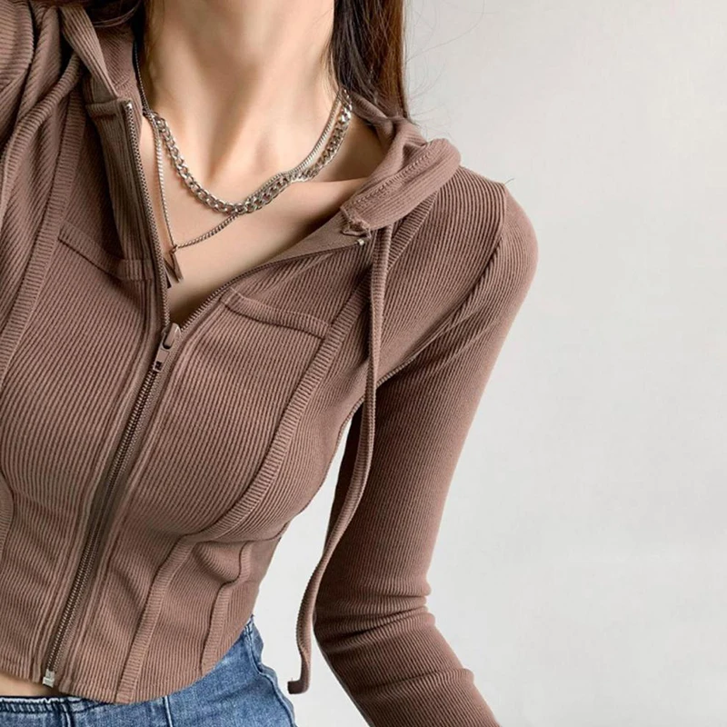 Fashion Slim Short Zip-up Sweatshirts Women Sexy Solid Color Crop Tops Hooded Cardigans Korean Streetwear Hoodies Female