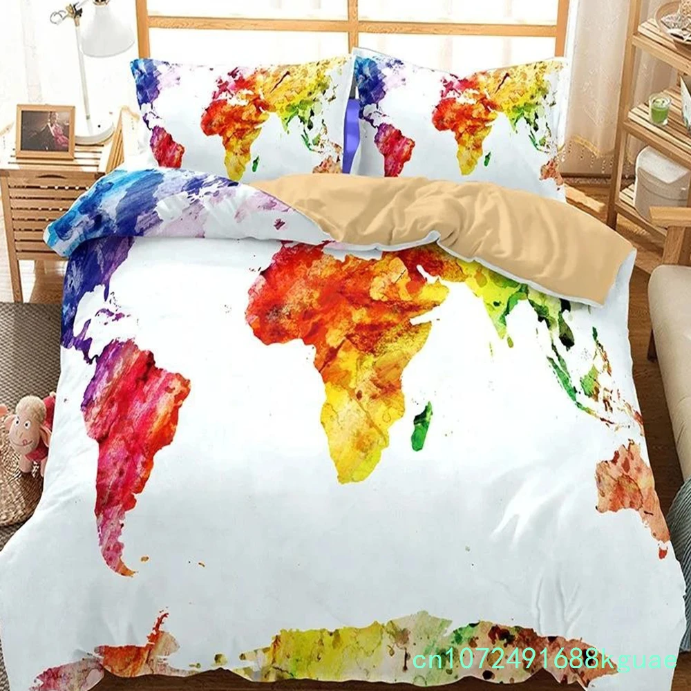 3D Bedclothes High Quality Warm Comfortable Bedding Set Modern Fashion Beddings Watercolor Painting Map Double Bed 224x240cm