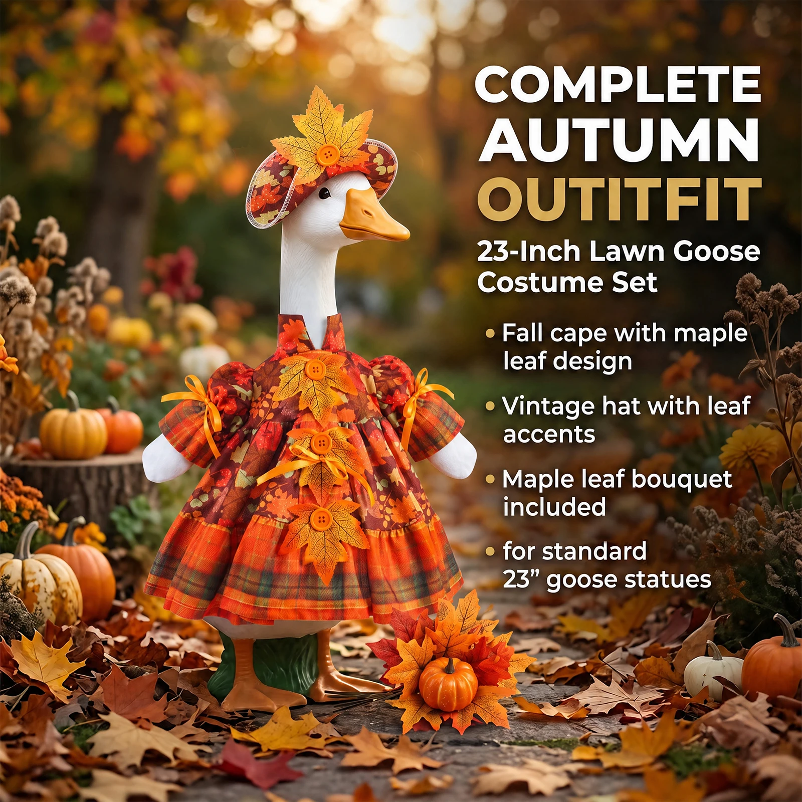 Autumn Maple Leaves Style Porch Goose Outfits 23 Inch Decorative Garden Goose Statue Costume for Thanksgiving Halloween Party