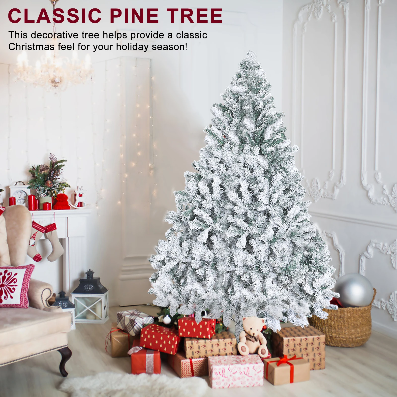 6.9ft Artificial Christmas Tree Pine White Big Nordic Flocking New Year Decoration Door Wall Ornaments Souvenirs Scenes Decor