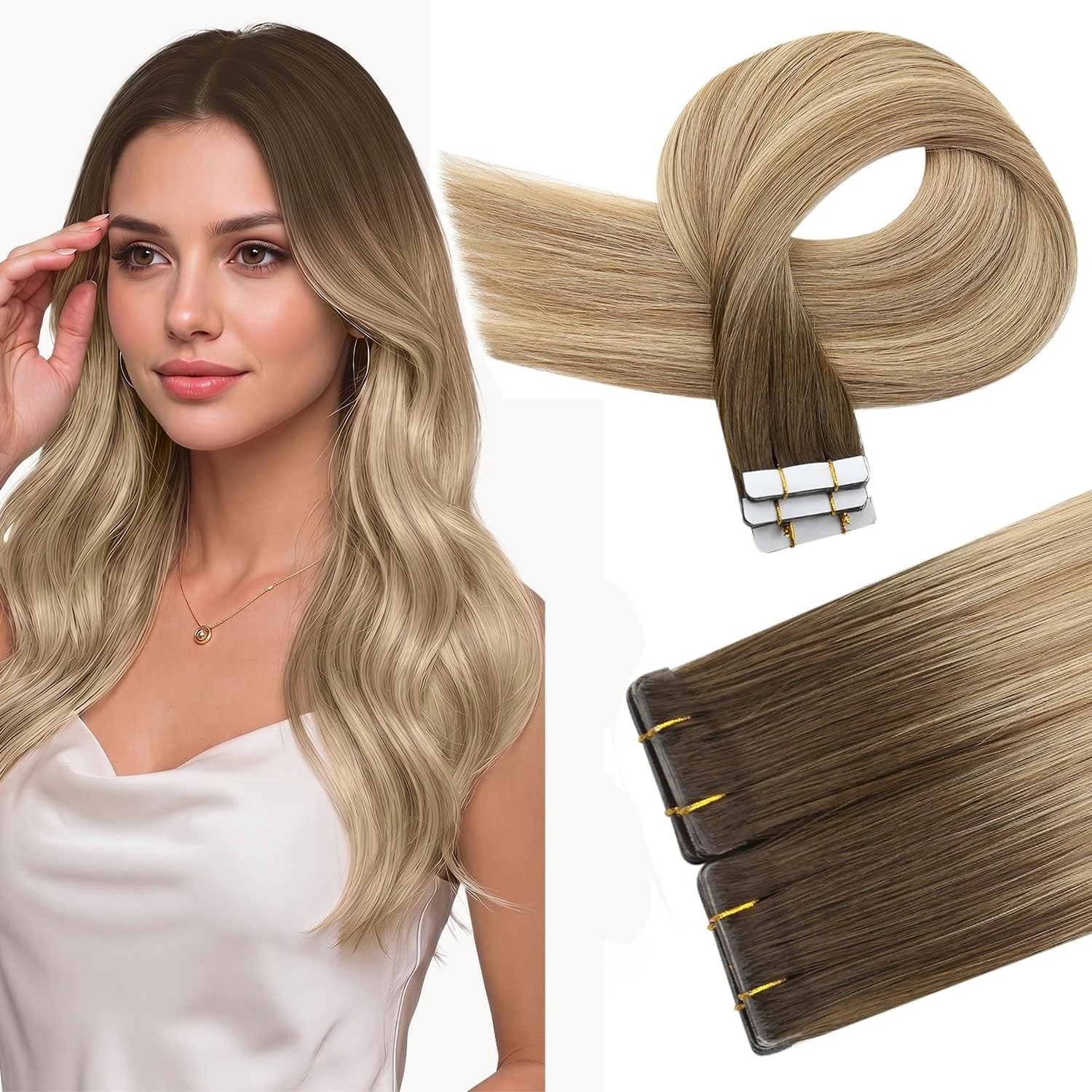 Full Shine Injection Virgin Tape Hair Extensions Invisible Tape in Remy Straight Hair for Long Hair Look