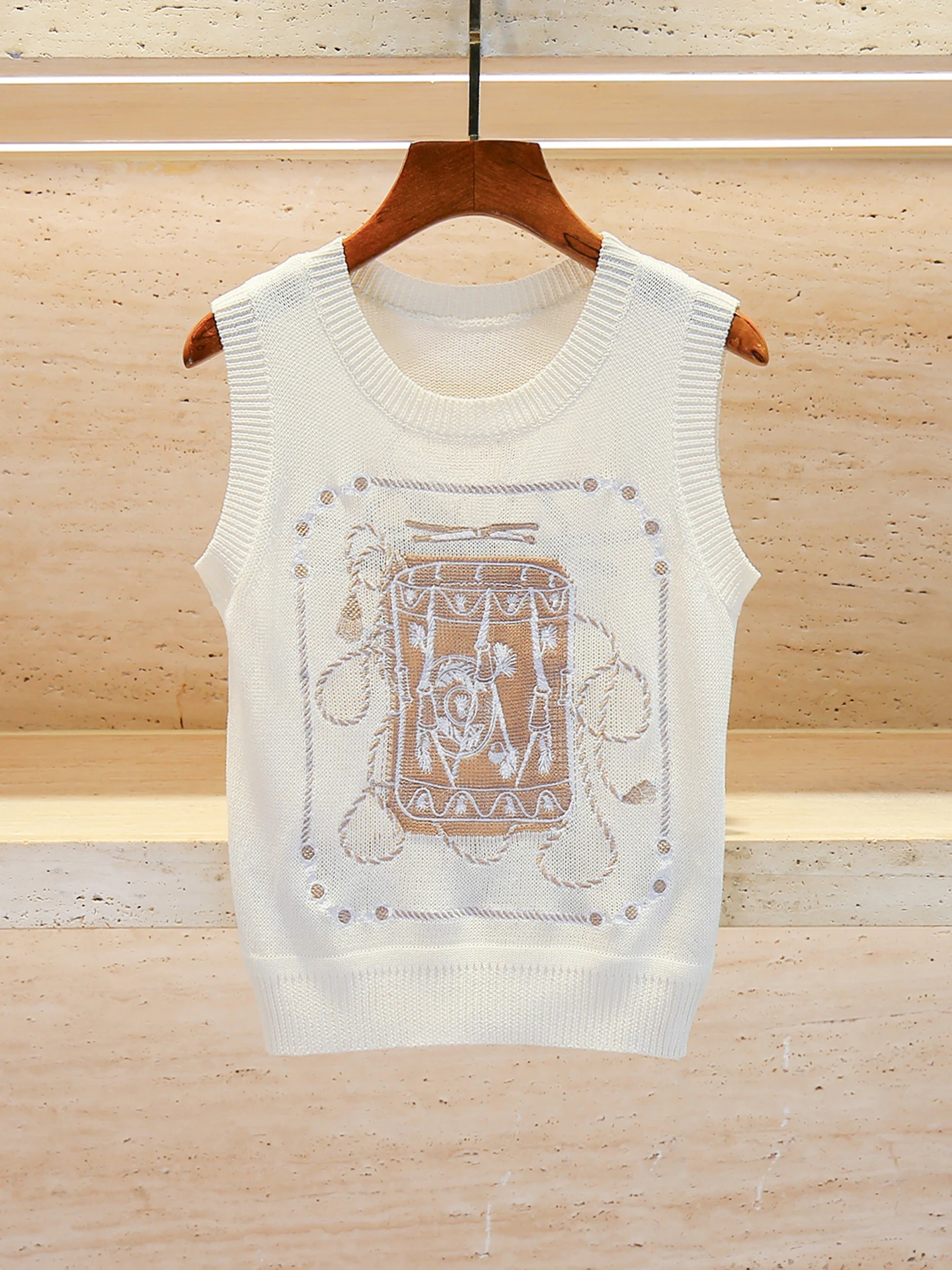 

Embroidered Heavy Knitting Summer Vest Top in Apricot Color for Women by Nan You Elegant Commute Style Regular Fit