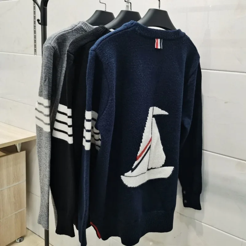 Knitted sweater with sailboat round neck button on the back, men's and women's autumn/winter new couple's knitted sweater