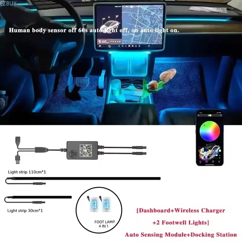 For Tesla Model 3/Y 2 IN 1 Dynamic Neon RGB Car LED Ambient Lighting 60s Automatic OFF Module Dashboard Lighting Decorative Lamp