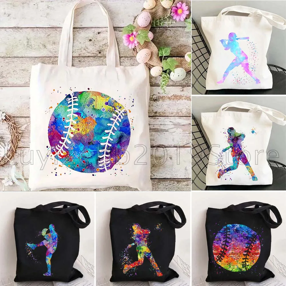 Baseball Ball Softball Player Sports Watercolor Cute Gifts Women Canvas Tote Bag Harajuku Shoulder Handbag Shopper Shopping Bags