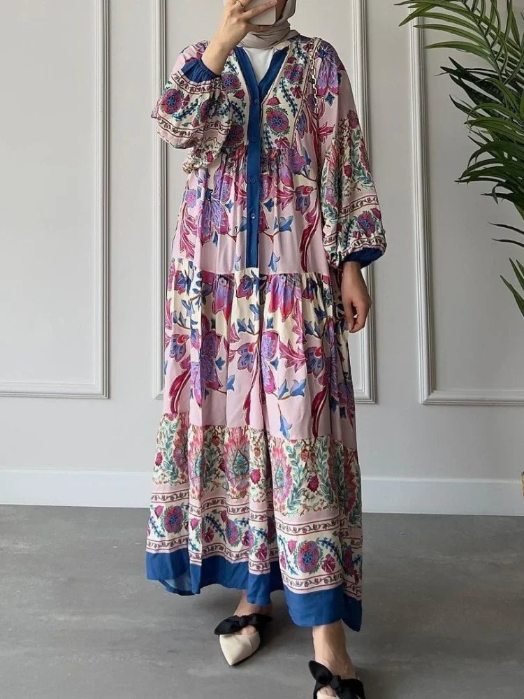 Eid muslimisches Kleid für Frauen Abaya Print Jalabiya Boho Maxi Party kleider Dubai Abayas Kaftan Abaya Islam Vestidos arabische lange Robe