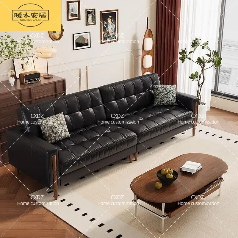 Retro Oil Wax Leather Sofa Antique Style Straight Row Couch for Living Room Small Apartment Modern Minimalist Furniture