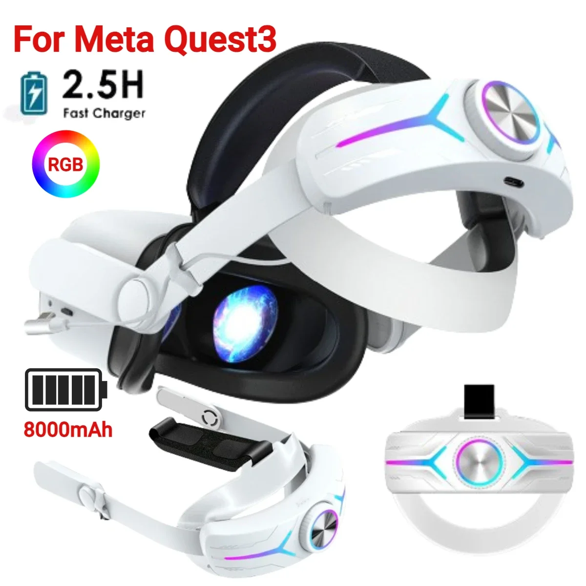 RGB Head Strap Built-in 8000mAh Battery for Meta Quest 3 Elite Strap Comfort Enhanced Support for Meta Quest 3 VR Accessories