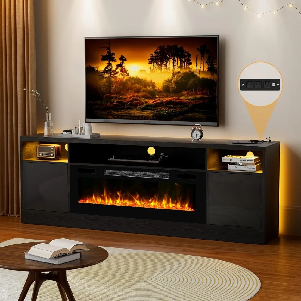 

70'' TV Stand with 36'' Fireplace-LED Light Entertainment Center for 75+ inch TV-Black TV Cabinet with Storage, Modern TV Consol