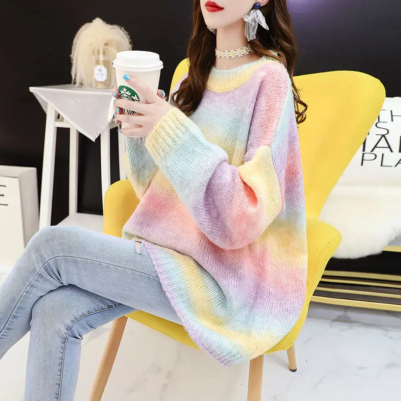 2023 Autumn Winter Women Sweater Rainbow Sweaters Tie Dye Pullover O-Neck Long Loose Striped Female Knit Top Wear