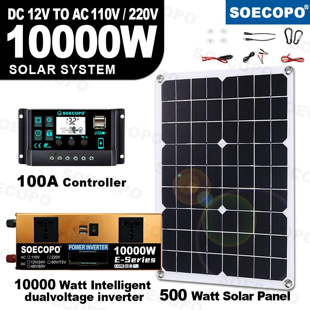 10000W Solar Generator Kit 500W Panel 100A Controller 12V/24V to 110V/220V Inverter DC Cable for Camping/Emergency/Home Backup